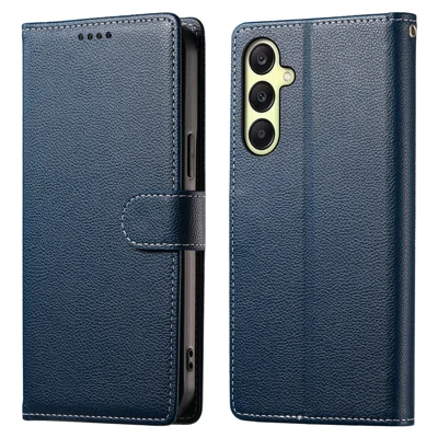 DF-012 For Samsung Galaxy A16 5G / A16 4G Case Litchi Texture Leather Magnetic Clasp Wallet Stand Phone Cover - Dark Blue