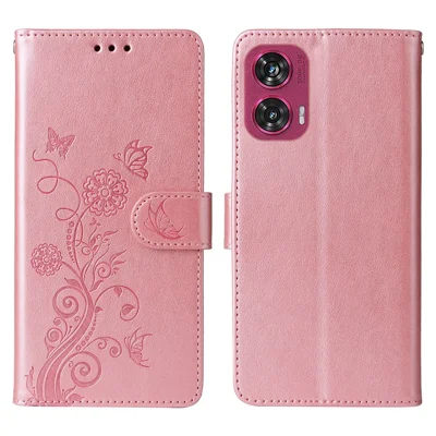 För Motorola Edge 50 Fusion 5G / G96 5G Etui Fjärils- och Blommönstrad Läderplånbokständer - Rosa