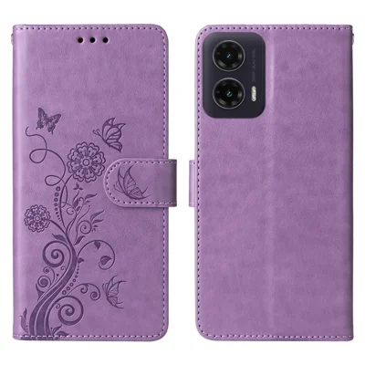 For Motorola Moto G35 5G Case Butterfly Floral Imprint Wallet Stand Leather Phone Cover - Purple