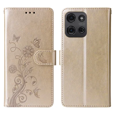 For Motorola Moto G75 5G Leather Case Butterfly Floral Imprint Wallet Stand Cover - Gold