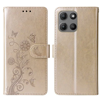 Stand Case for Motorola Moto G17 Power 4G / G17 4G / G15 4G / G15 Power 4G Butterfly Floral Imprint Wallet Leather Phone Cover - Gold