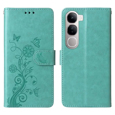 Phone Case For vivo Y300 5G / V40 Lite (Indonesia) 4G / 5G / Y200 5G Wallet Stand Butterfly Floral Imprint Leather Cover - Green