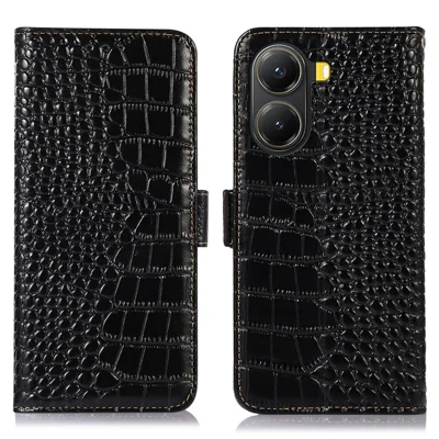 Voor Xiaomi Poco X7 Pro 5G Hoesje Portemonnee Krokodillenstructuur Echt Rundleer Telefoonhoes - Zwart