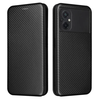 For Xiaomi Poco M5 4G Anti-fading PU Leather Magnetic Carbon Fiber Texture Phone Case Stand Card Slot Phone Cover - Black