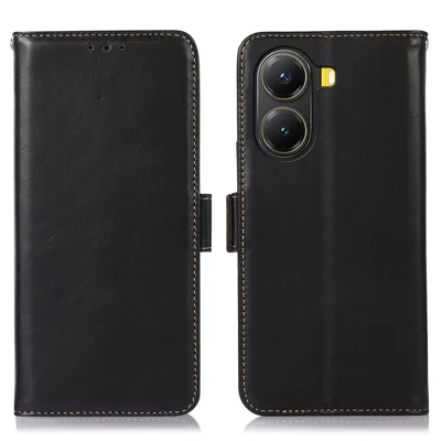 Voor Xiaomi Poco X7 Pro 5G hoesje RFID-blokkering Echt Rundleder Portemonnee Telefoonhoes - Zwart