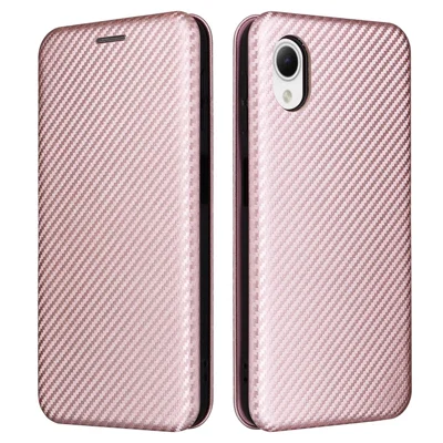 For Samsung Galaxy A23e PU Leather Phone Stand Case Carbon Fiber Texture Cover with Card Slot - Rose Gold