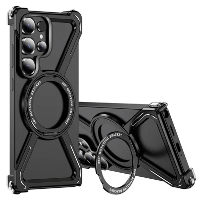 For Samsung Galaxy S25 Ultra Magnetic Case Military Grade Anti Drop 360° Rotating Kickstand Titanium Alloy Bumper Phone Cover - Black