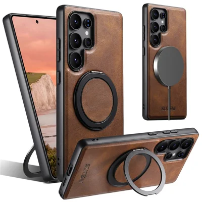 SUTENI G3 For Samsung Galaxy S22 Ultra 5G Magnetic Case Waxy Texture Rotating Kickstand Leather Phone Back Cover - Brown