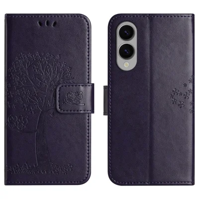 For Samsung Galaxy S25 Edge Case PU Leather Owl Tree Imprinted Wallet Phone Cover - Dark Blue