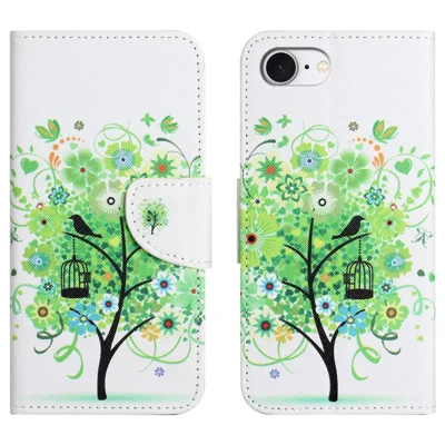 For iPhone 17e / 16e Case Pattern Printing Cross Texture Leather Phone Cover - Green Tree