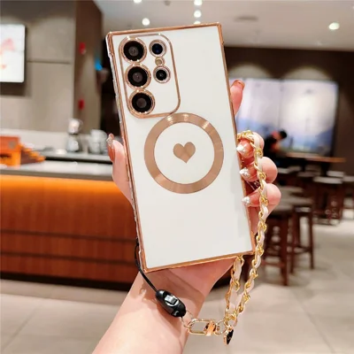 For Samsung Galaxy S25 Ultra Magnetic Case Love Heart Electroplated Soft TPU Cover with Hand Strap Chain - Ivory White
