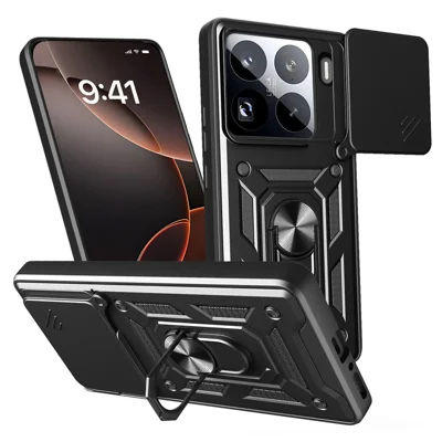 Obudowa do Xiaomi 15 Pro z przesuwanym pokryciem aparatu, podstawką PC + TPU - Czarny