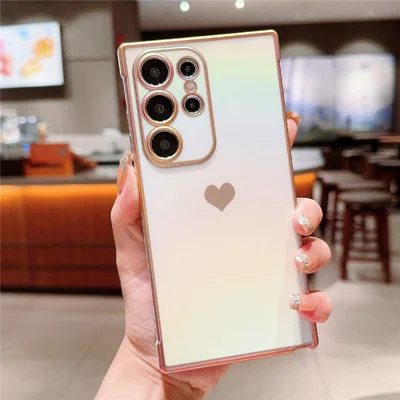 For Samsung Galaxy S25 Ultra Case Dazzling Design Electroplating Heart Pattern TPU Phone Cover - White
