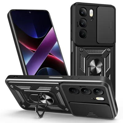 Case for Realme C75 4G / V60 Pro 5G / 14x (India) 5G PC + TPU Phone Cover with Slide Camera Lid and Kickstand - Black