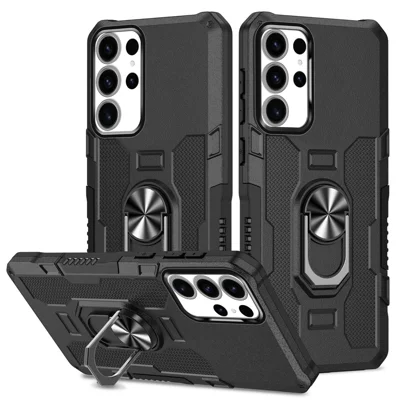 For Samsung Galaxy S25 Ultra Phone Case Ring Kickstand PC + TPU Shockproof Cover - Black
