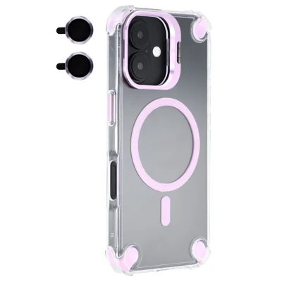 For iPhone 16 Magnetic Clear Case Shockproof Hybrid Phone Shell with Camera Lens Frame Kickstand - Purple
