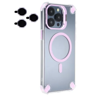 For iPhone 15 Pro Magnetic Clear Case Shockproof Hybrid Phone Shell with Camera Lens Frame Kickstand - Purple