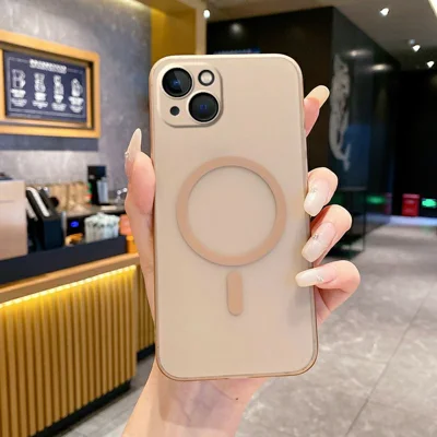 For iPhone 14 Magnetic Case Compatible with MagSafe Frosted PC Phone Cover with Camera Lens Protector - Desert Gold