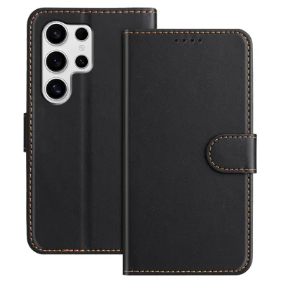 Voor Samsung Galaxy S25 Ultra Leren Hoesje Portemonnee Stand Effen Kleur Anti Drop Telefoonhoes - Zwart