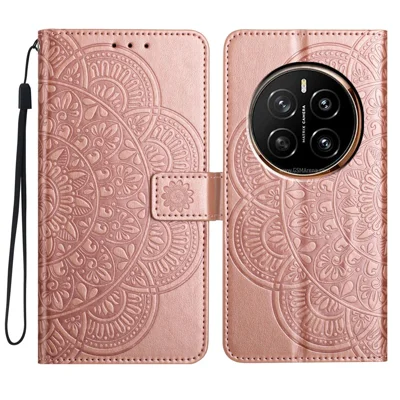 Voor Honor Magic7 5G Portemonnee Hoesje met Motief van Vlinder en Bloemen Lederen Fliphoes met Bandje - Roségoud