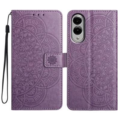 For Samsung Galaxy S25 Edge Wallet Phone Case Butterfly Floral Imprint Leather Flip Cover with Strap - Purple