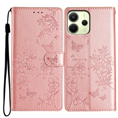 For Xiaomi Redmi Note 14 4G (163.25mm) Wallet Phone Case Butterfly Floral Imprint Leather Flip Cover with Strap - Rose Gold