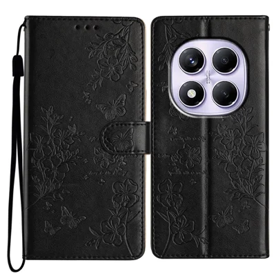 For Xiaomi Redmi Note 14 Pro 4G Wallet Phone Case Butterfly Floral Imprint Leather Flip Cover with Strap - Black