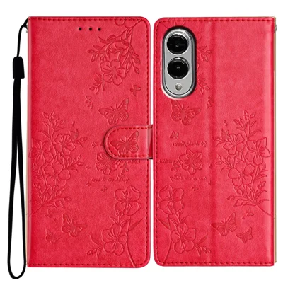 For Samsung Galaxy S25 Edge Wallet Phone Case Butterfly Floral Imprint Leather Flip Cover with Strap - Red