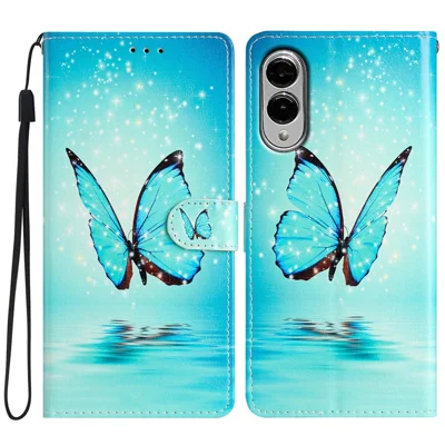 For Samsung Galaxy S25 Edge Wallet Case PU Leather Pattern Printing Stand Phone Cover with Strap - Blue Butterfly