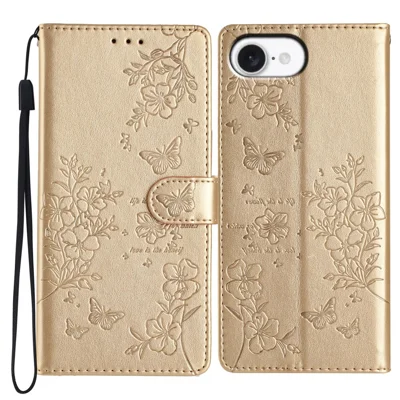 For iPhone 17e / 16e Wallet Phone Case Butterfly Floral Imprint Leather Flip Cover with Strap - Gold