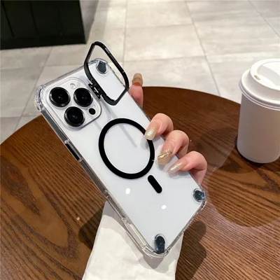 For iPhone 16 Pro Magnetic Clear Case Shockproof Hybrid Phone Shell with Camera Lens Frame Kickstand - Black