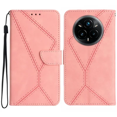For Realme 14 Pro+ 5G Case Skin Touch Lines Imprinted PU Leather Flip Phone Cover - Pink