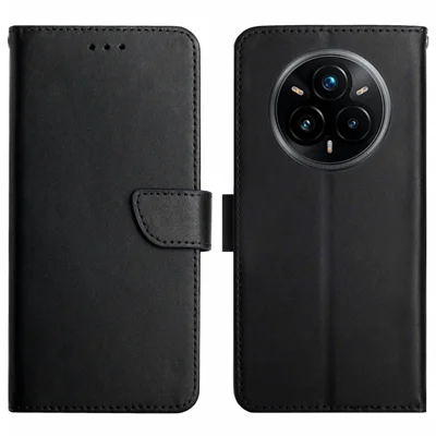 For Realme 14 Pro+ 5G Case Genuine Cow Leather Phone Cover Nappa Texture - Black