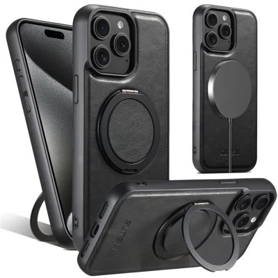 SUTENI G3 For iPhone 14 Pro Max Case Compatible with MagSafe Waxy Texture Rotating Kickstand Leather Phone Back Cover - Black