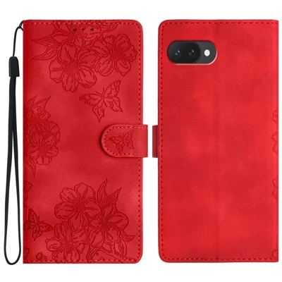 For Google Pixel 9a Case Butterfly Flower Pattern Skin-Touch Leather Phone Cover - Red