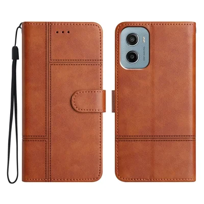For Motorola Moto E15 4G  /  G05 4G Case Line Imprinted PU Leather Wallet Phone Cover - Brown