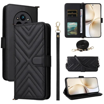 For Realme 14 Pro+ 5G Wallet Case with Shoulder / Wrist Strap Leather Phone Cover Stand - Black