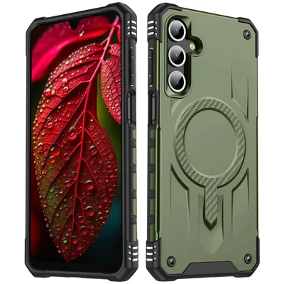 For Samsung Galaxy A15 5G / 4G Magnetic Case Four Corner Airbags PC + TPU Phone Cover - Army Green