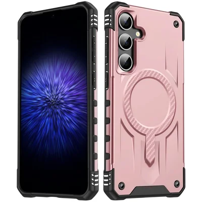 For Samsung Galaxy S23 FE Magnetic Case Four Corner Airbags PC + TPU Phone Cover - Rose Gold