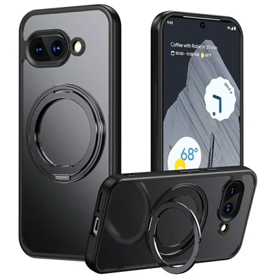 For Google Pixel 9a Magnetic Case TPU + Acrylic + Metal Kickstand Matte Phone Cover - Black