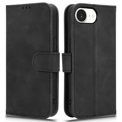 Voor iPhone 16e Leren Hoesje Huidgevoel Anti-val Portemonnee Fliptelefoonhoes - Zwart