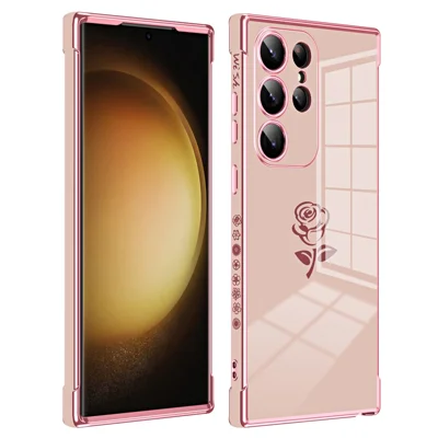 For Samsung Galaxy S25 Ultra Case Electroplating Edge Rose Pattern TPU Phone Back Cover Airbag Drop Proof - Rose Pink