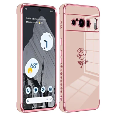 For Google Pixel 8 Pro Case Electroplating Edge Rose Pattern TPU Phone Back Cover Airbag Drop Proof - Rose Pink
