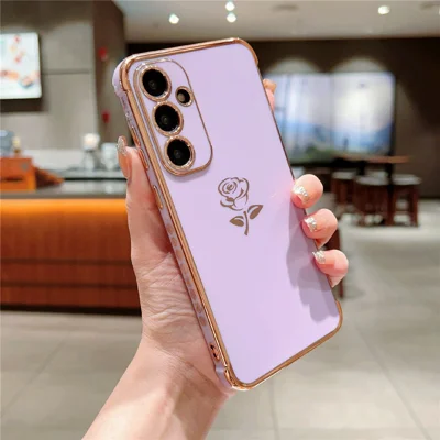 For Samsung Galaxy A55 5G Case Electroplating Edge Rose Pattern TPU Phone Back Cover Airbag Drop Proof - Purple