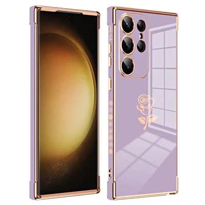 For Samsung Galaxy S24 Ultra Case Electroplating Edge Rose Pattern TPU Phone Back Cover Airbag Drop Proof - Purple