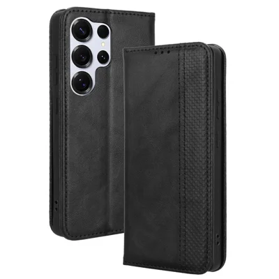 Samsung Galaxy S25 Ultra hoesje portemonnee stand retro textuur leren telefoonhoes - Zwart