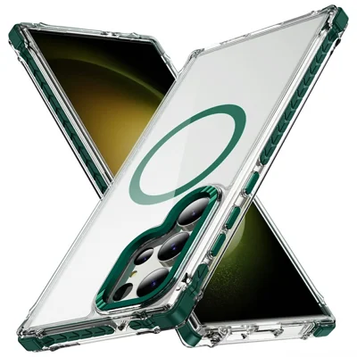 For Samsung Galaxy S25 Ultra Case Crystal Clear Airbag TPU + PC Phone Back Cover Magnetic Case - Green