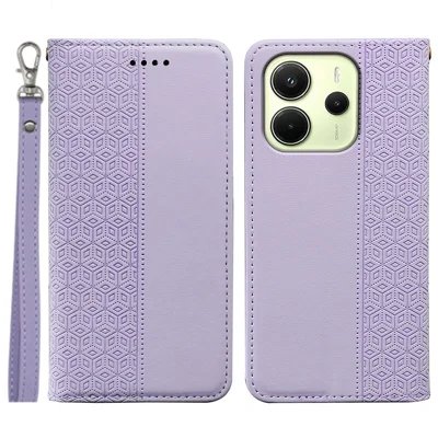 For Xiaomi Redmi Note 14 4G (163.25mm) Wallet Phone Case Checkered Pattern Imprint Leather Flip Cover with Wrist Strap - Purple