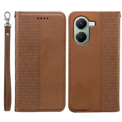 For Xiaomi Poco X7 Pro 5G / Redmi Turbo 4 5G Wallet Phone Case Checkered Pattern Imprint Leather Flip Cover with Wrist Strap - Brown