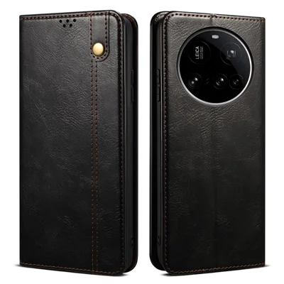 For Xiaomi 15 Ultra Case Crazy Horse Texture Waxy Leather Wallet Stand Phone Cover - Black